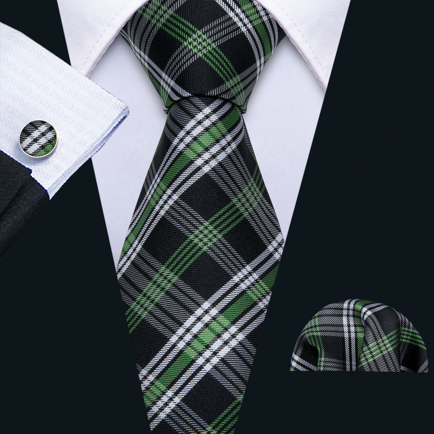 Black Green White Plaid Tie Pocket Square Cufflinks Set