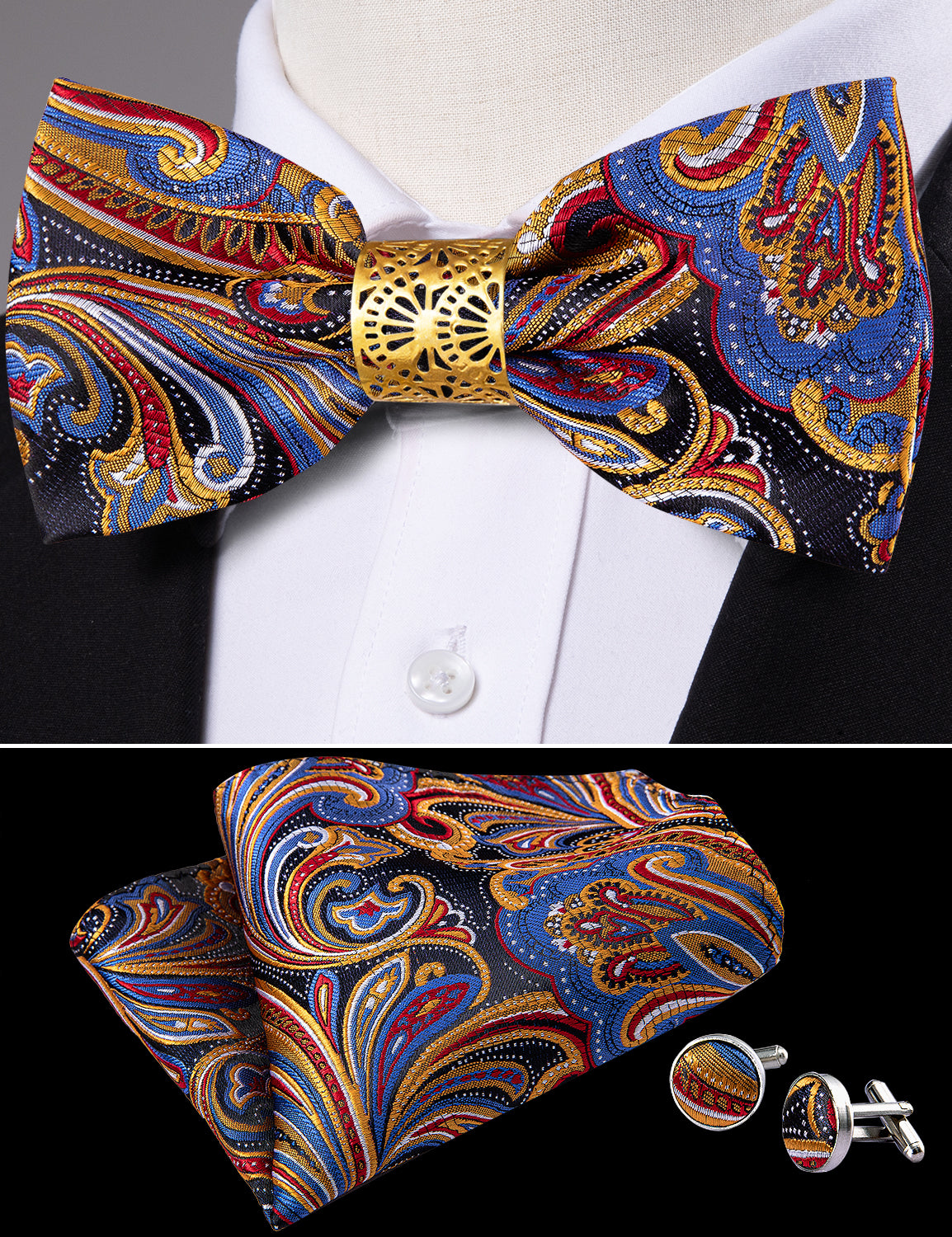 Colorful Pre-tied Bow Tie Hanky Cufflinks Set