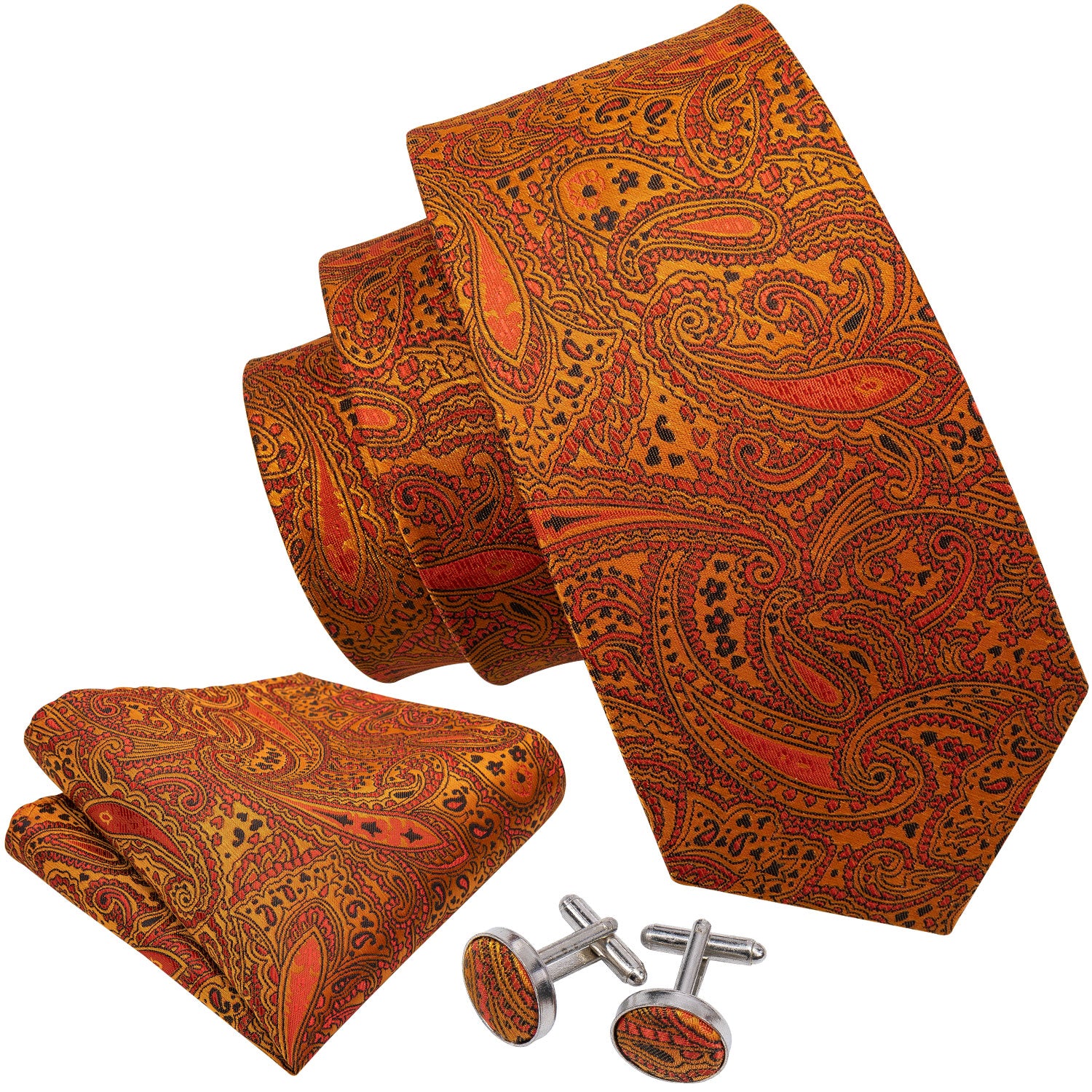Orange Paisley Silk Men's Tie Pocket Square Cufflinks Set