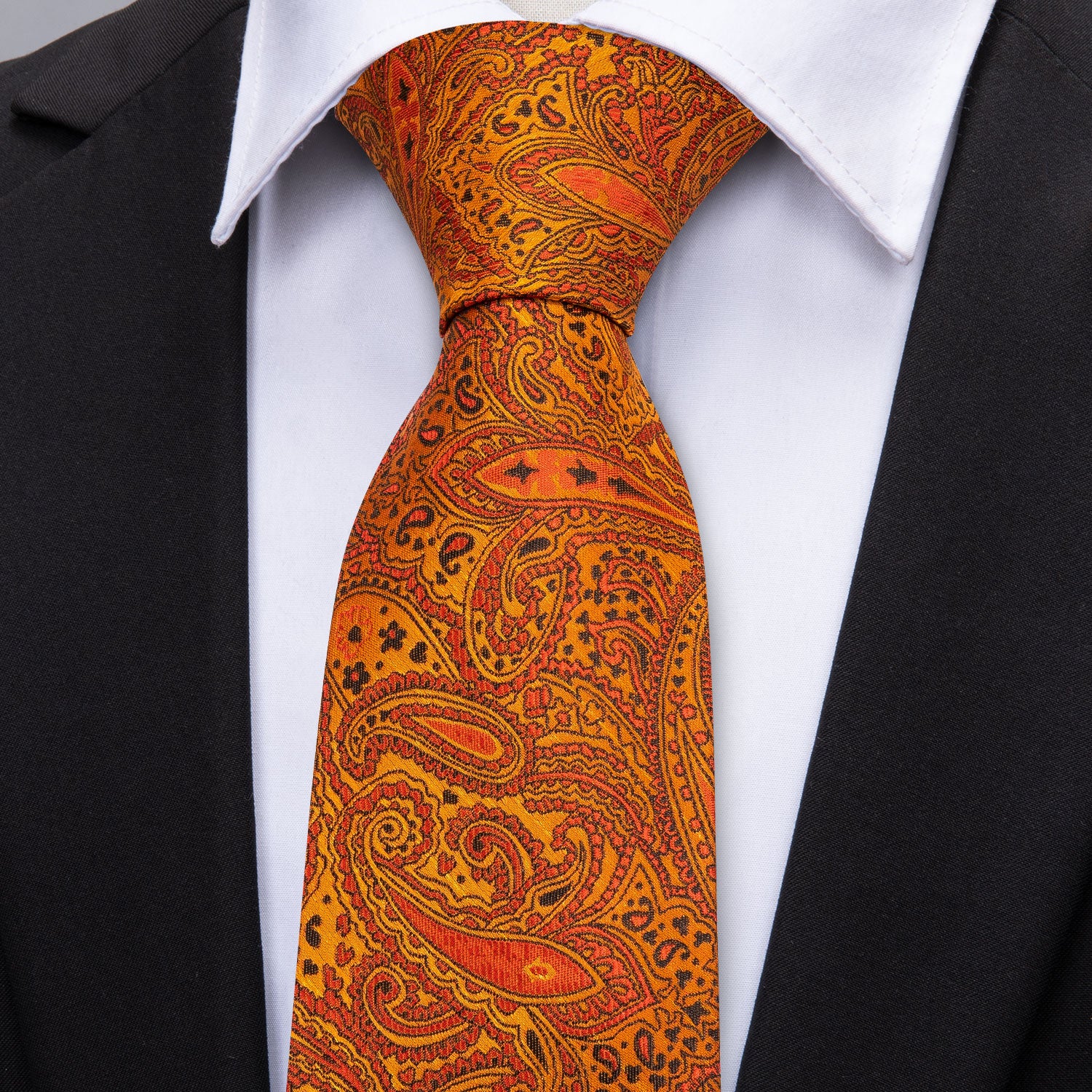 Orange Paisley Silk Men's Tie Pocket Square Cufflinks Set
