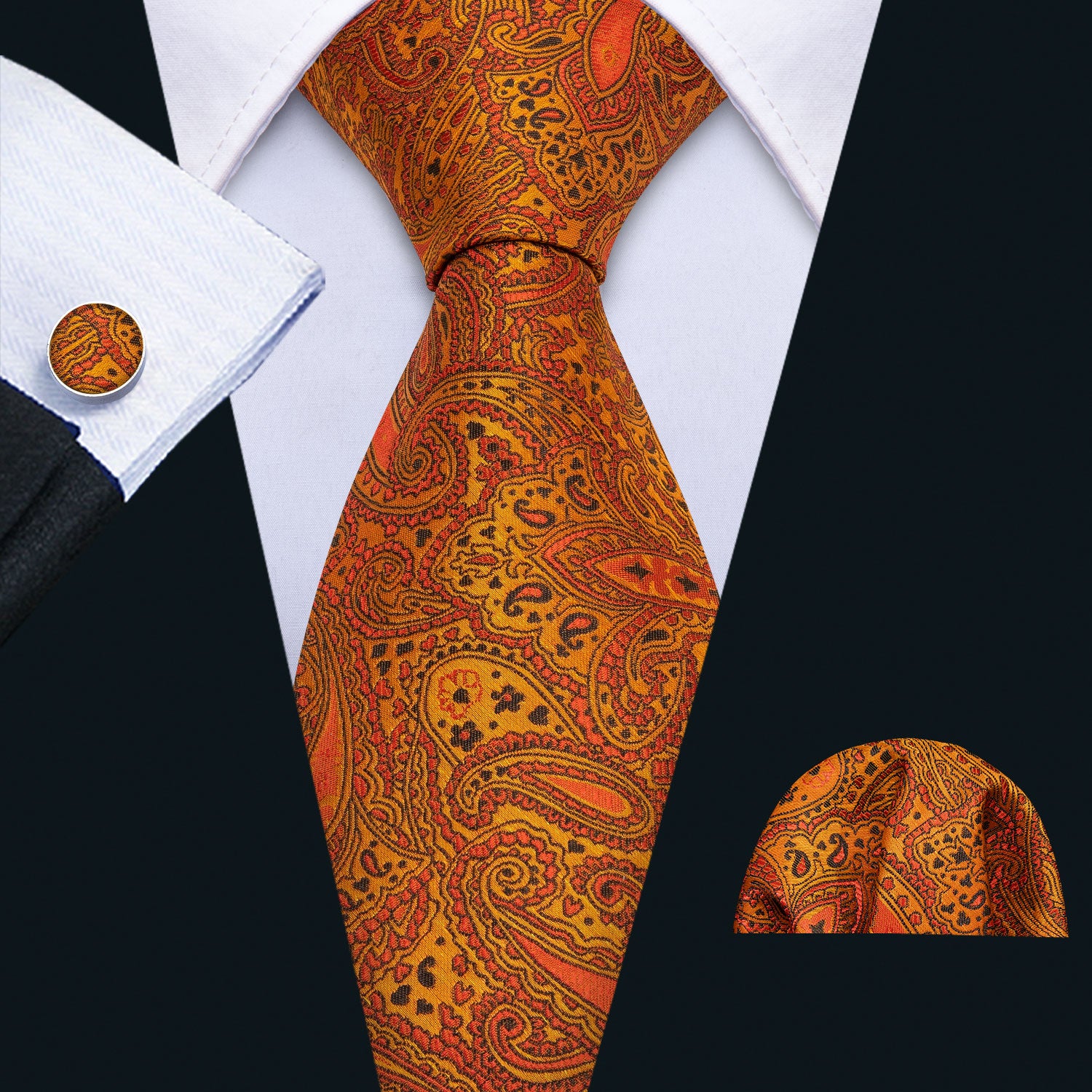 Orange Paisley Silk Men's Tie Pocket Square Cufflinks Set