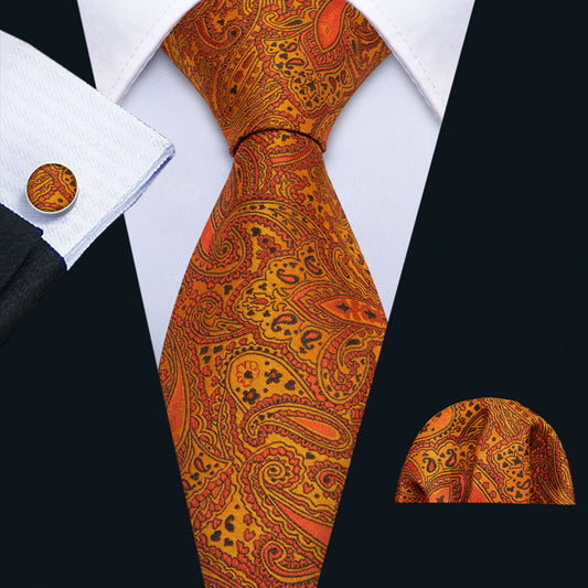 Orange Paisley Silk Men's Tie Pocket Square Cufflinks Set