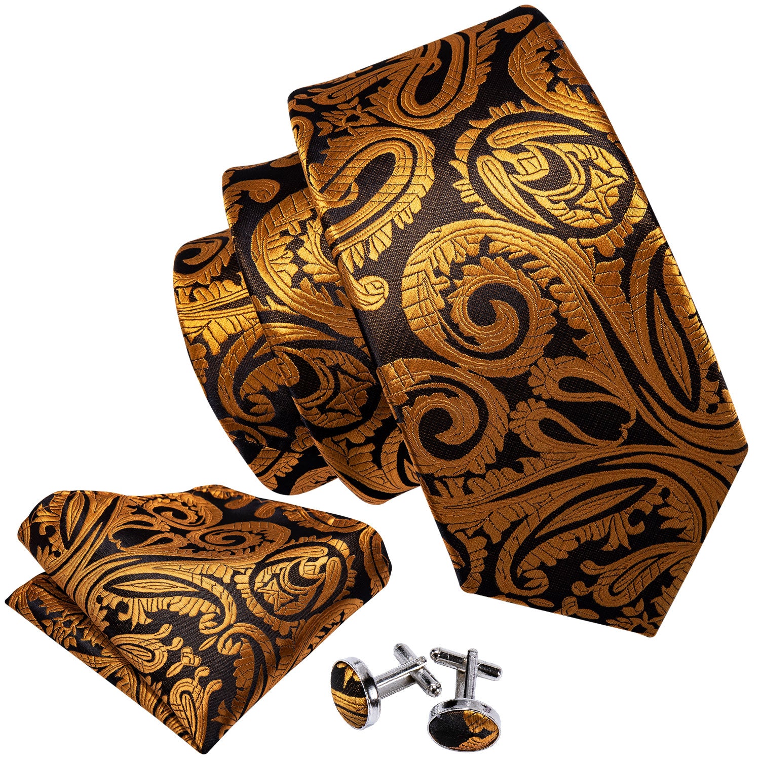  Golden Paisley Necktie Mens Tie Pocket Square Cufflinks Set
