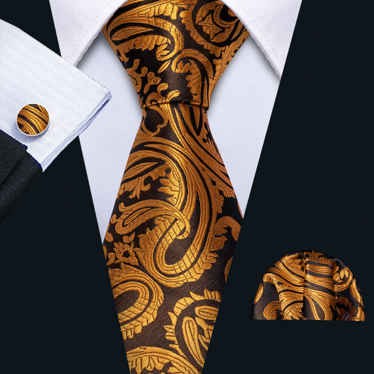  Golden Paisley Necktie Mens Tie Pocket Square Cufflinks Set
