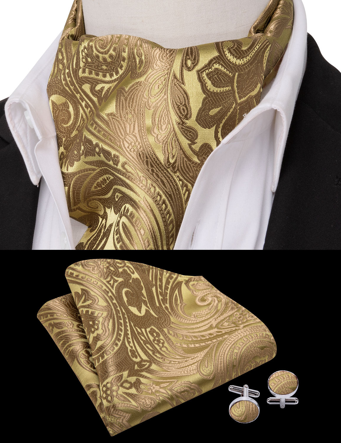 Gold and Brown Paisley Floral Ascot Handkerchief Cufflinks