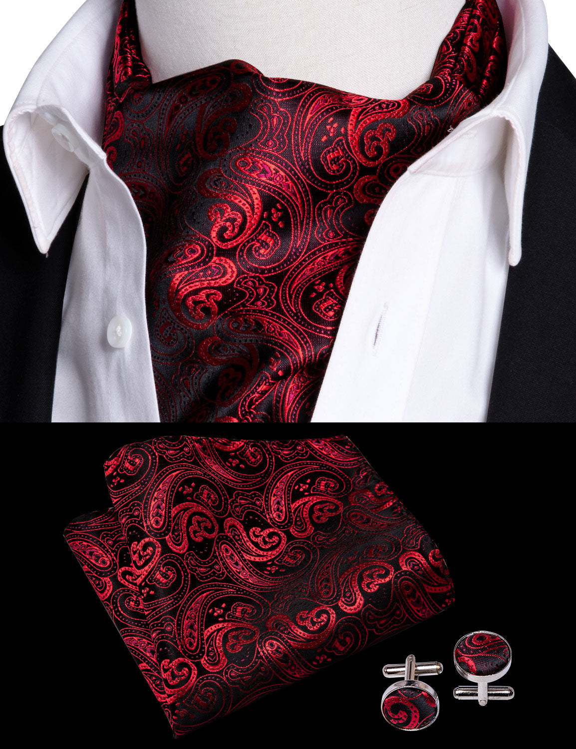 Red Paisley Ascot Handkerchief Cufflinks