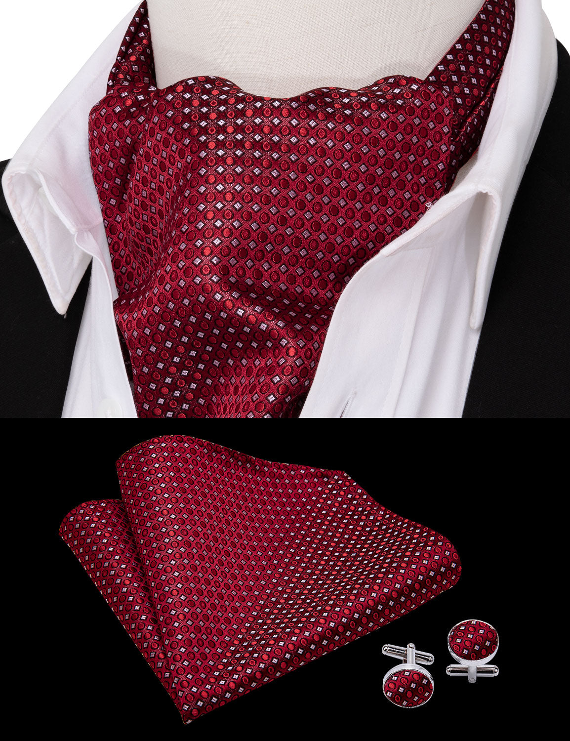 Deep Red Dots Ascot Handkerchief Cufflinks