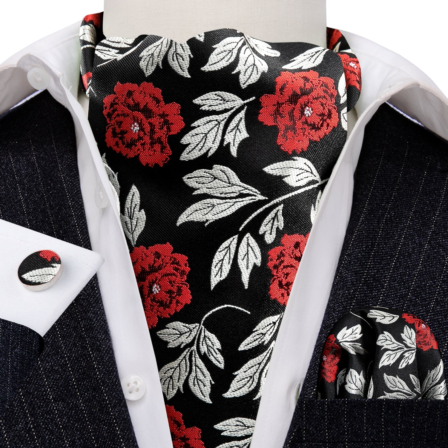 Black Red Floral Silk Ascot Handkerchief Cufflinks