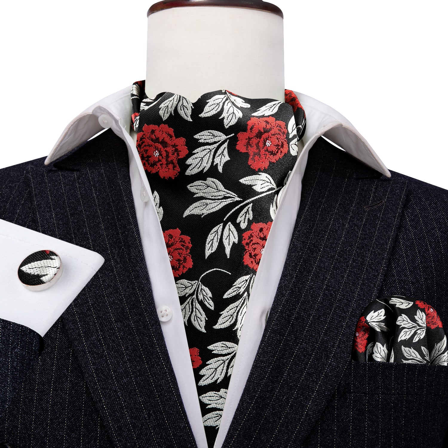 Black Red Floral Silk Ascot Handkerchief Cufflinks