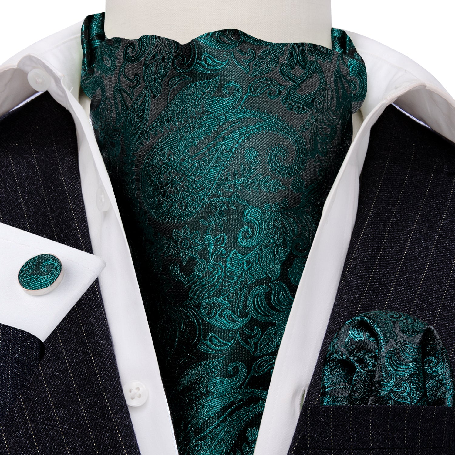 Black Dark Green Paisley Silk Ascot Handkerchief Cufflinks