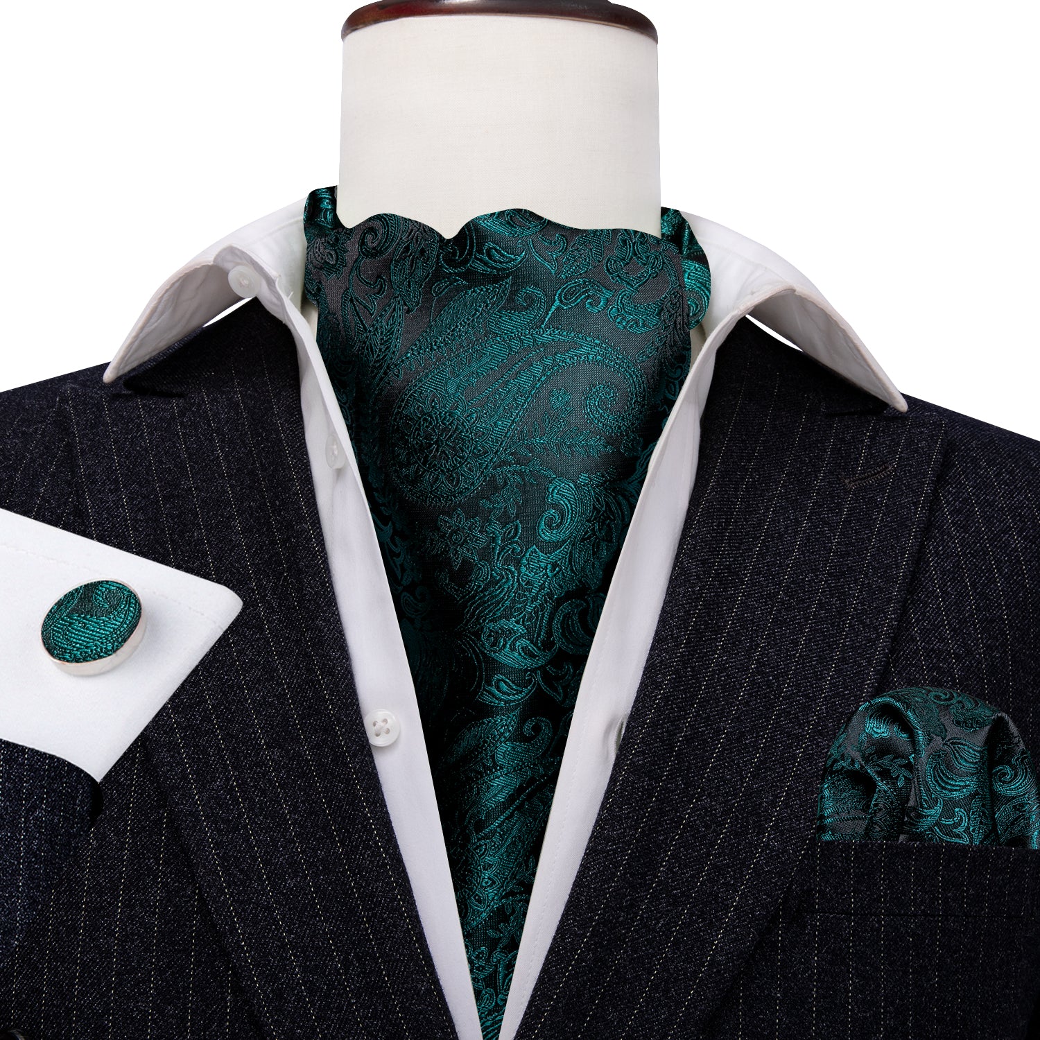 Black Dark Green Paisley Silk Ascot Handkerchief Cufflinks