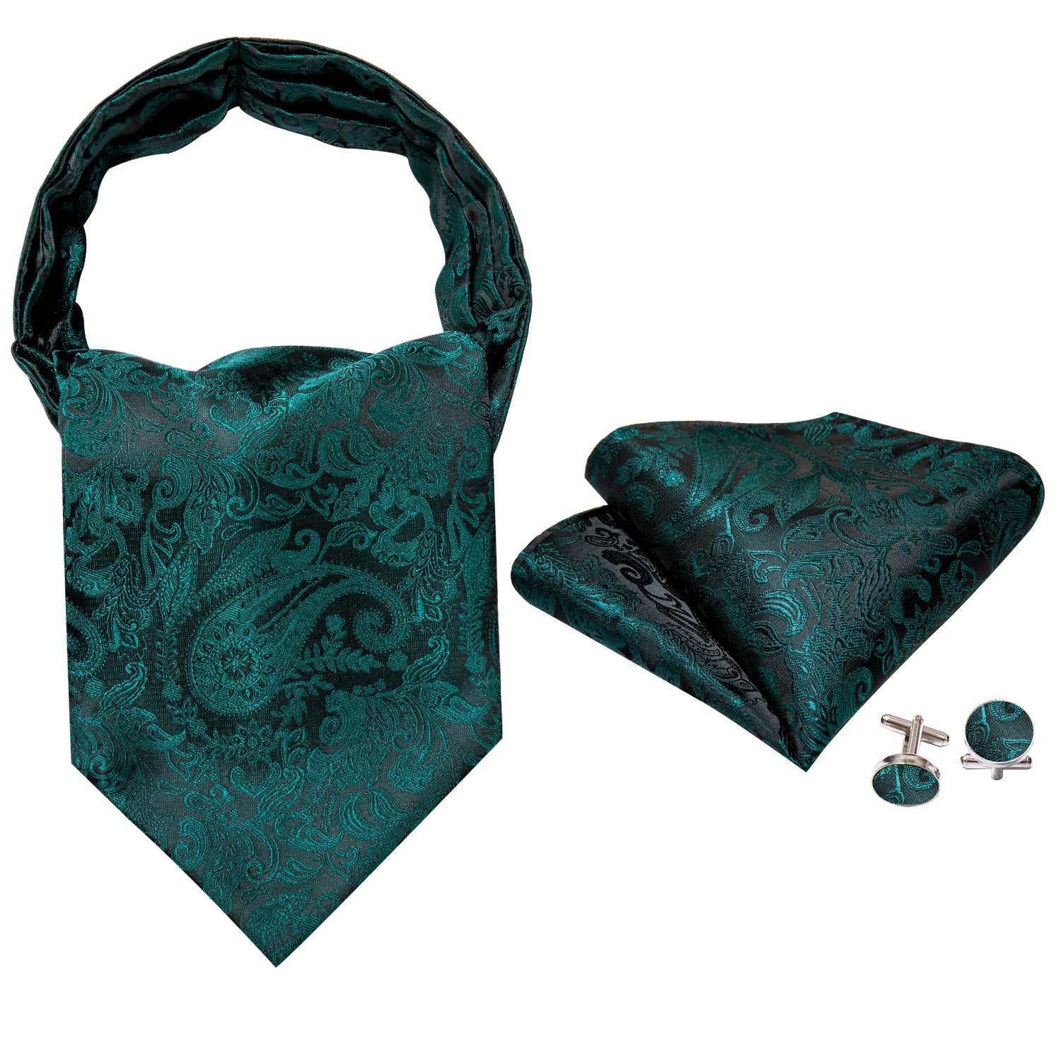 Black Blue Paisley Silk Ascot Handkerchief Cufflinks