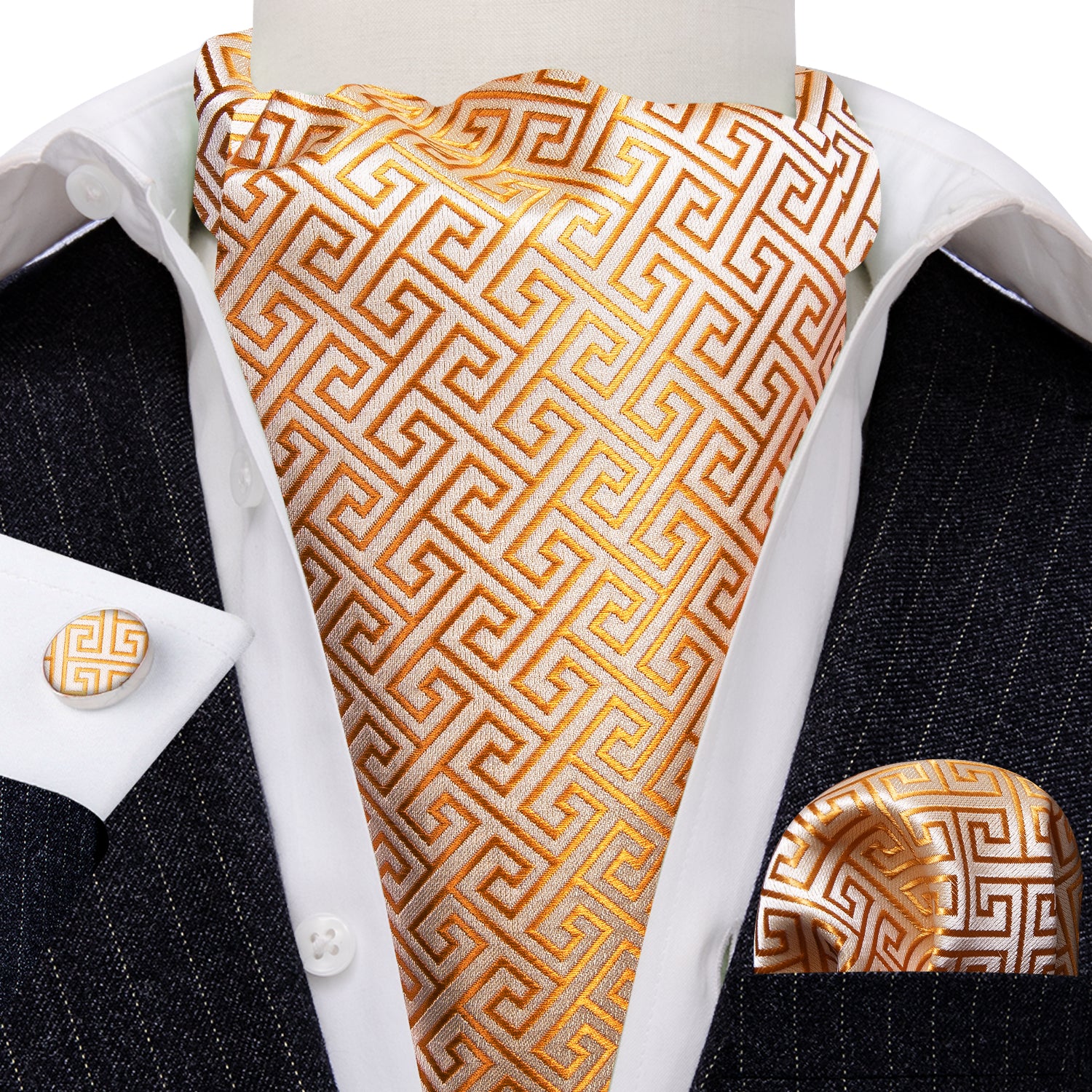 Novelty Gold Silk Ascot Handkerchief Cufflinks