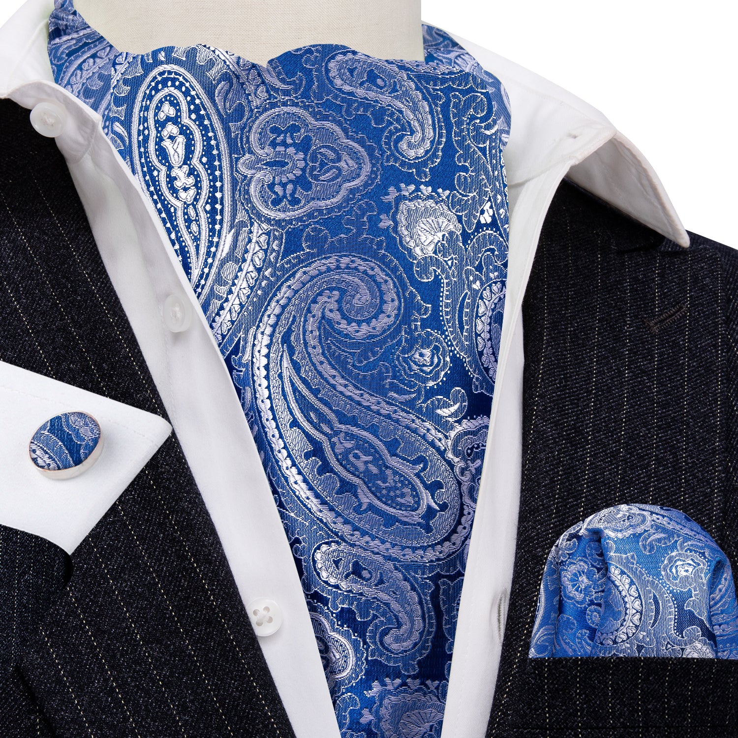 Blue Paisley Silk Ascot Handkerchief Cufflinks Set