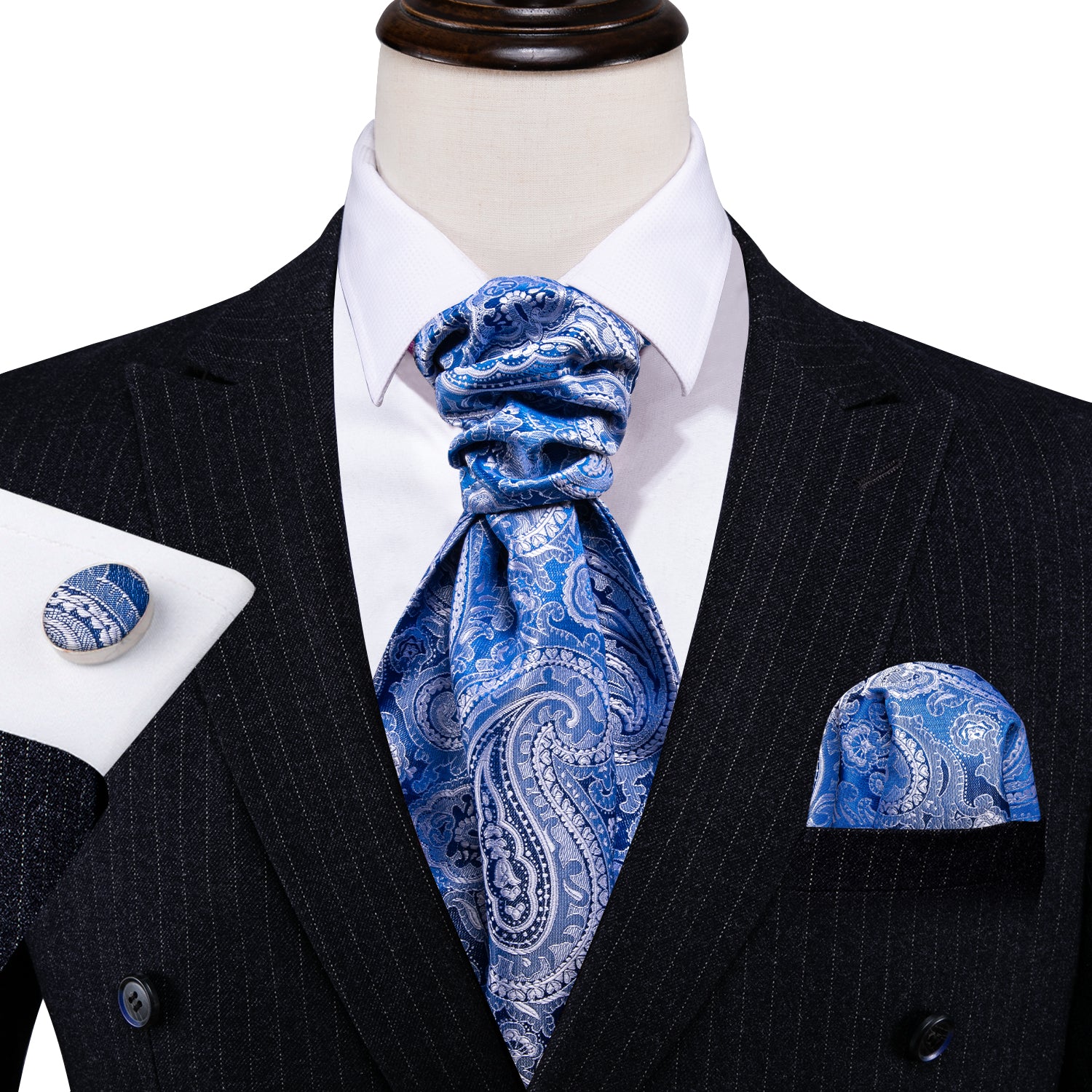 Blue Paisley Silk Ascot Handkerchief Cufflinks Set
