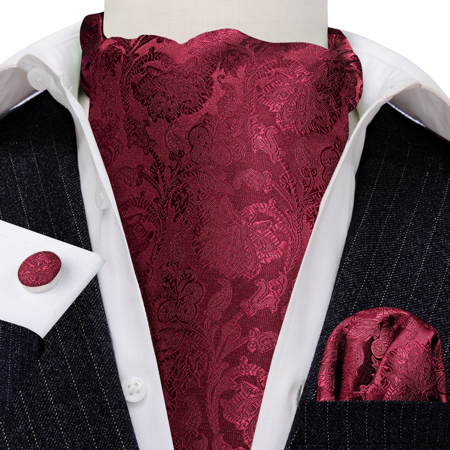 Red Paisley Silk Ascot Handkerchief Cufflinks Set