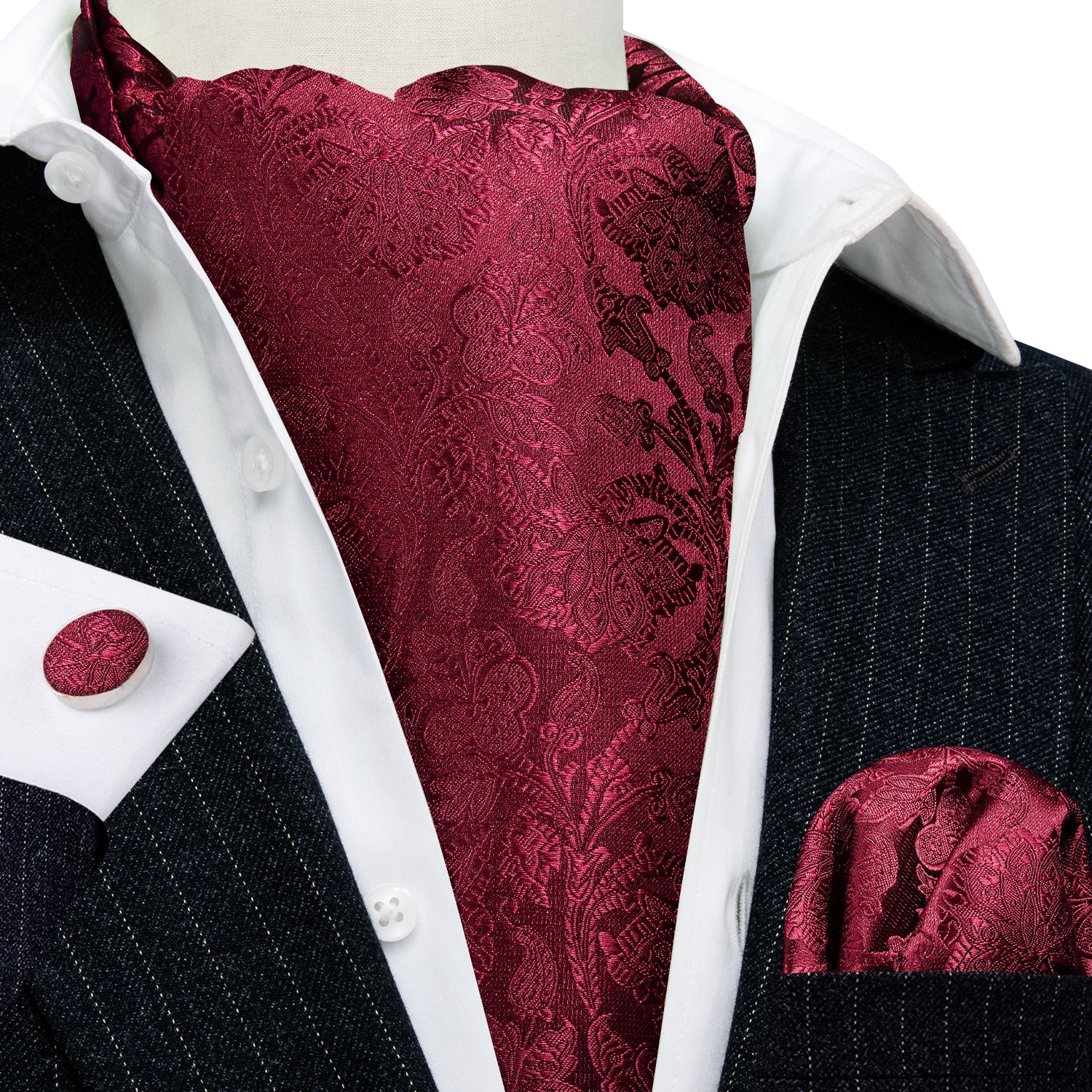 Red Paisley Silk Ascot Handkerchief Cufflinks Set