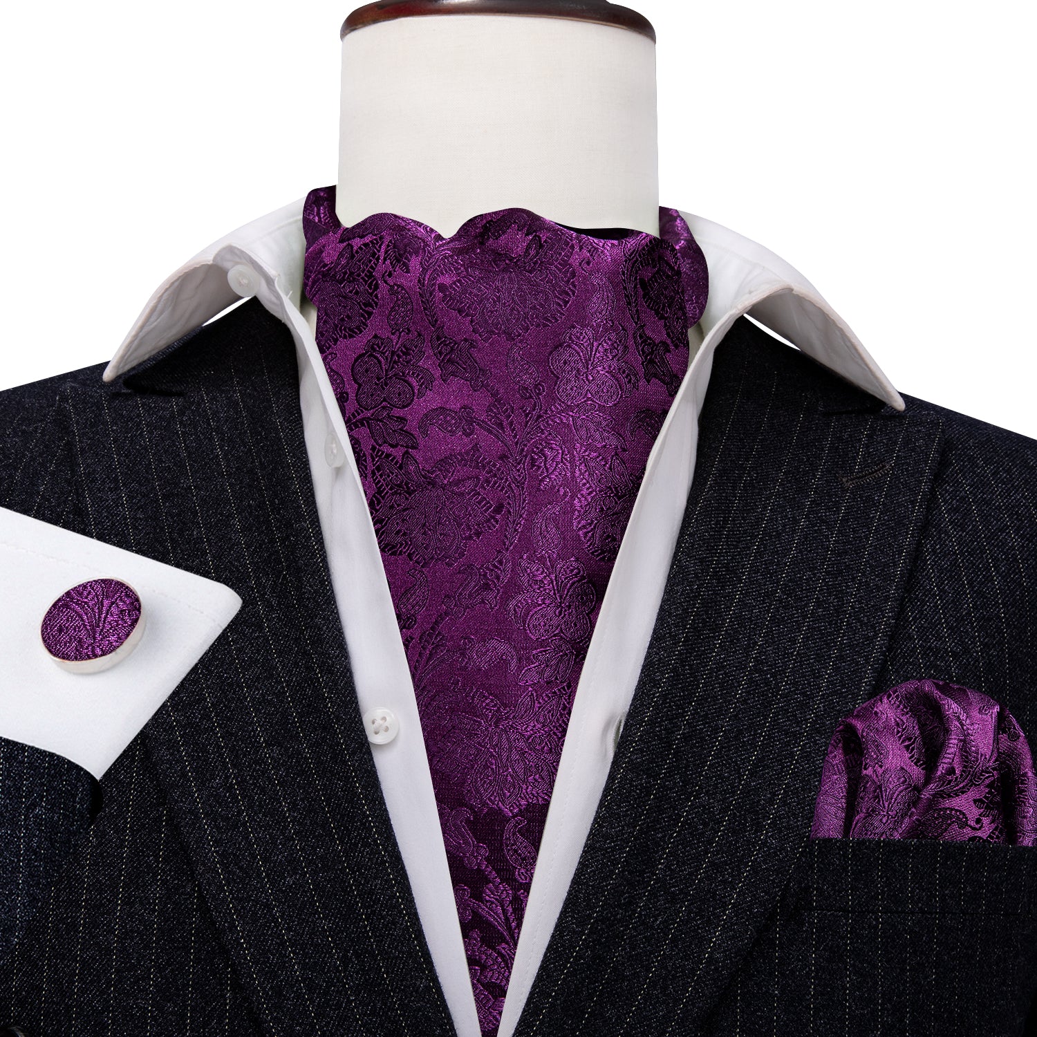 Purple Paisley Silk Ascot Handkerchief Cufflinks Set