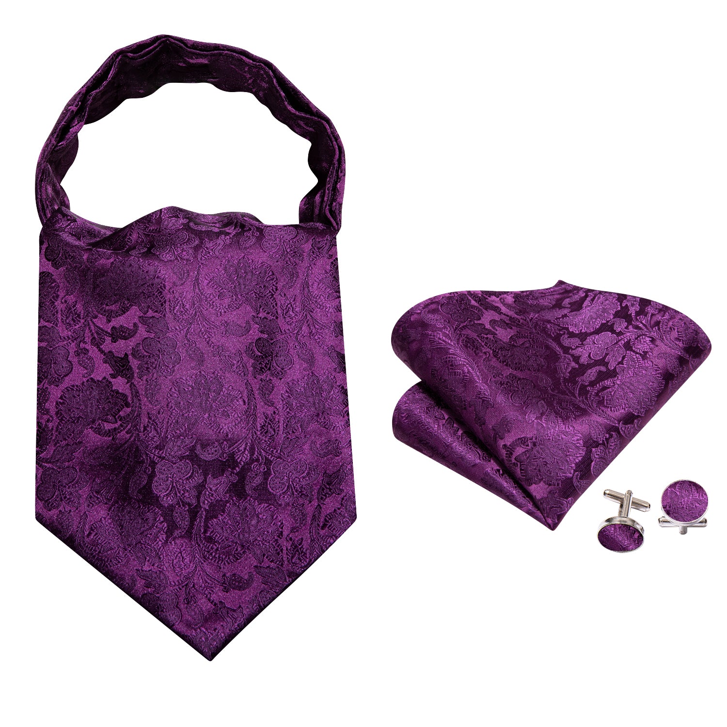 Purple Paisley Silk Ascot Handkerchief Cufflinks Set