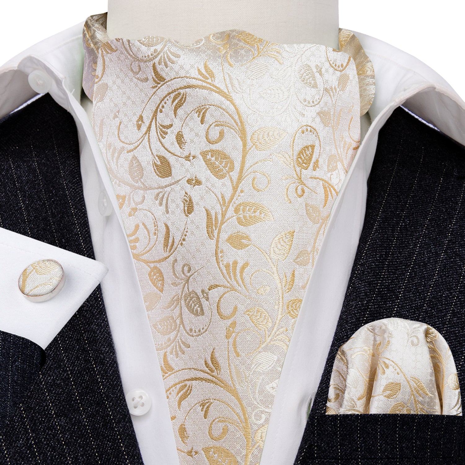 White Floral Silk Ascot Handkerchief Cufflinks Set