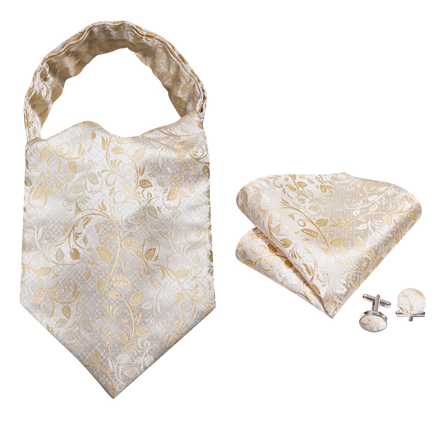 White Floral Silk Ascot Handkerchief Cufflinks Set