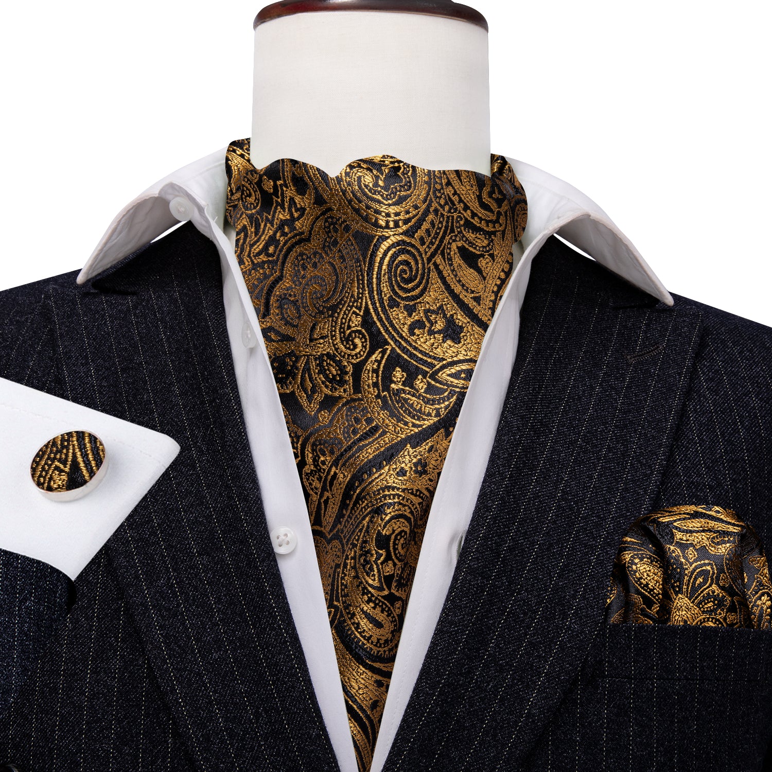 Brown Black Silk Paisley Ascot Handkerchief Cufflinks Set