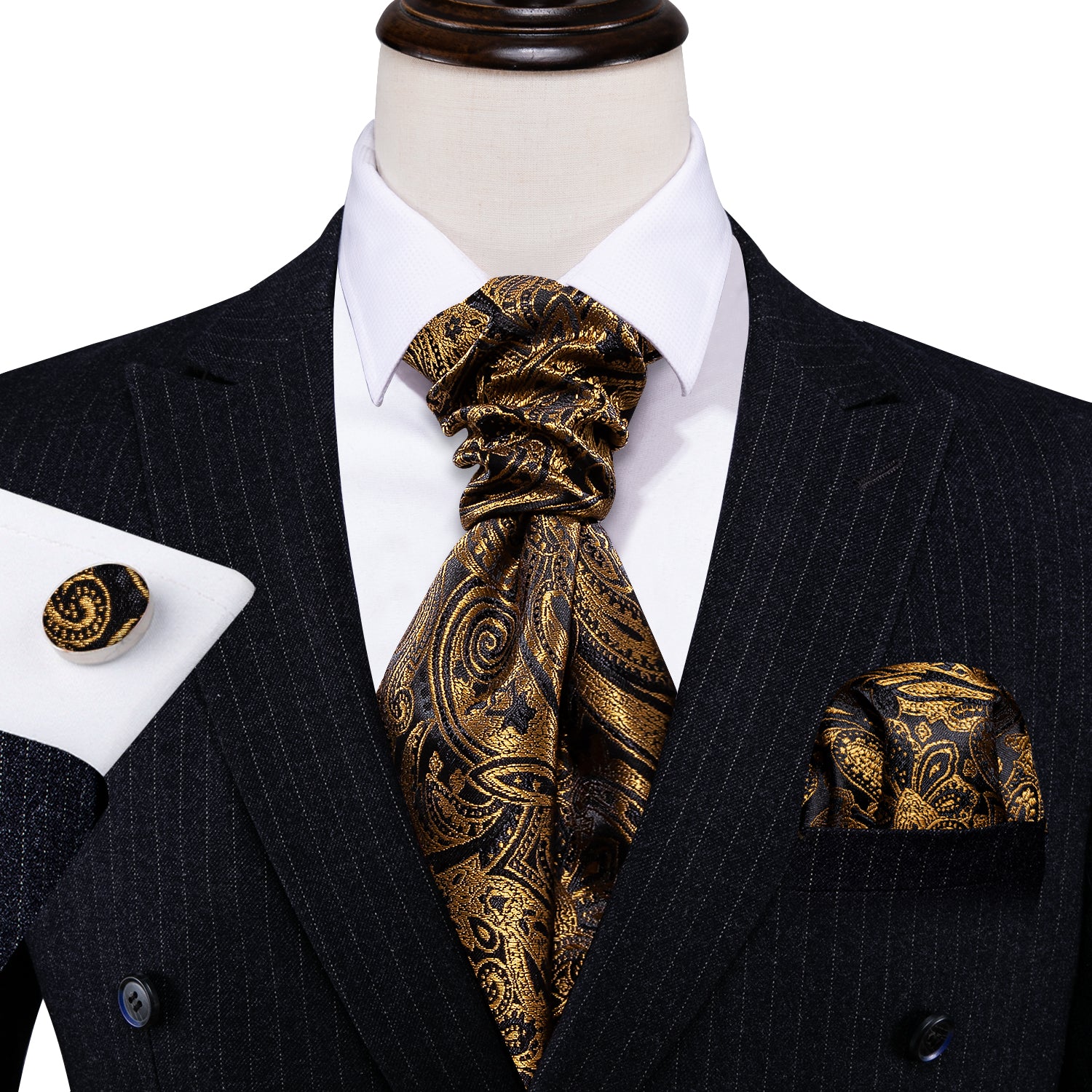 Brown Black Silk Paisley Ascot Handkerchief Cufflinks Set