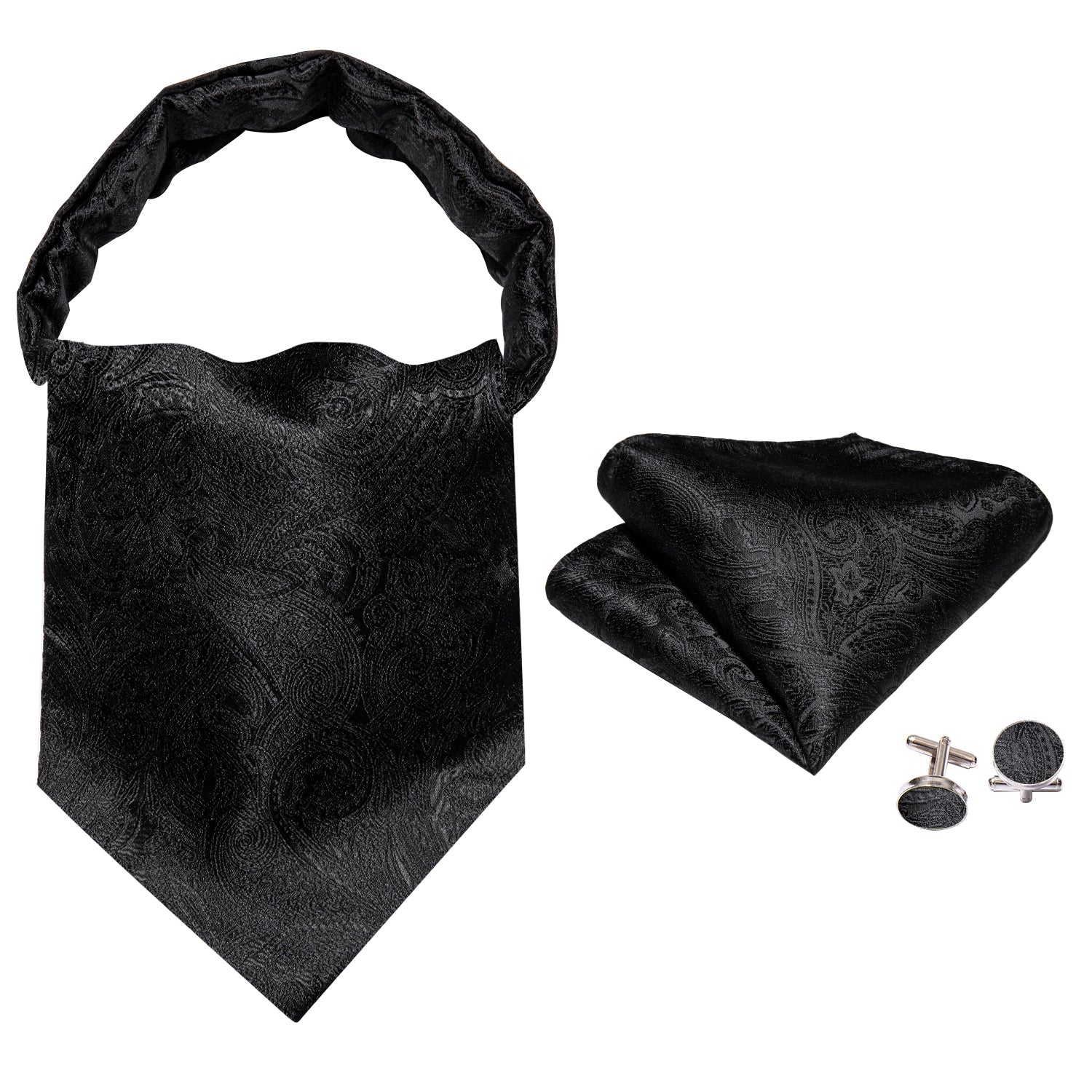 Black Paisley Silk Ascot Handkerchief Cufflinks Set