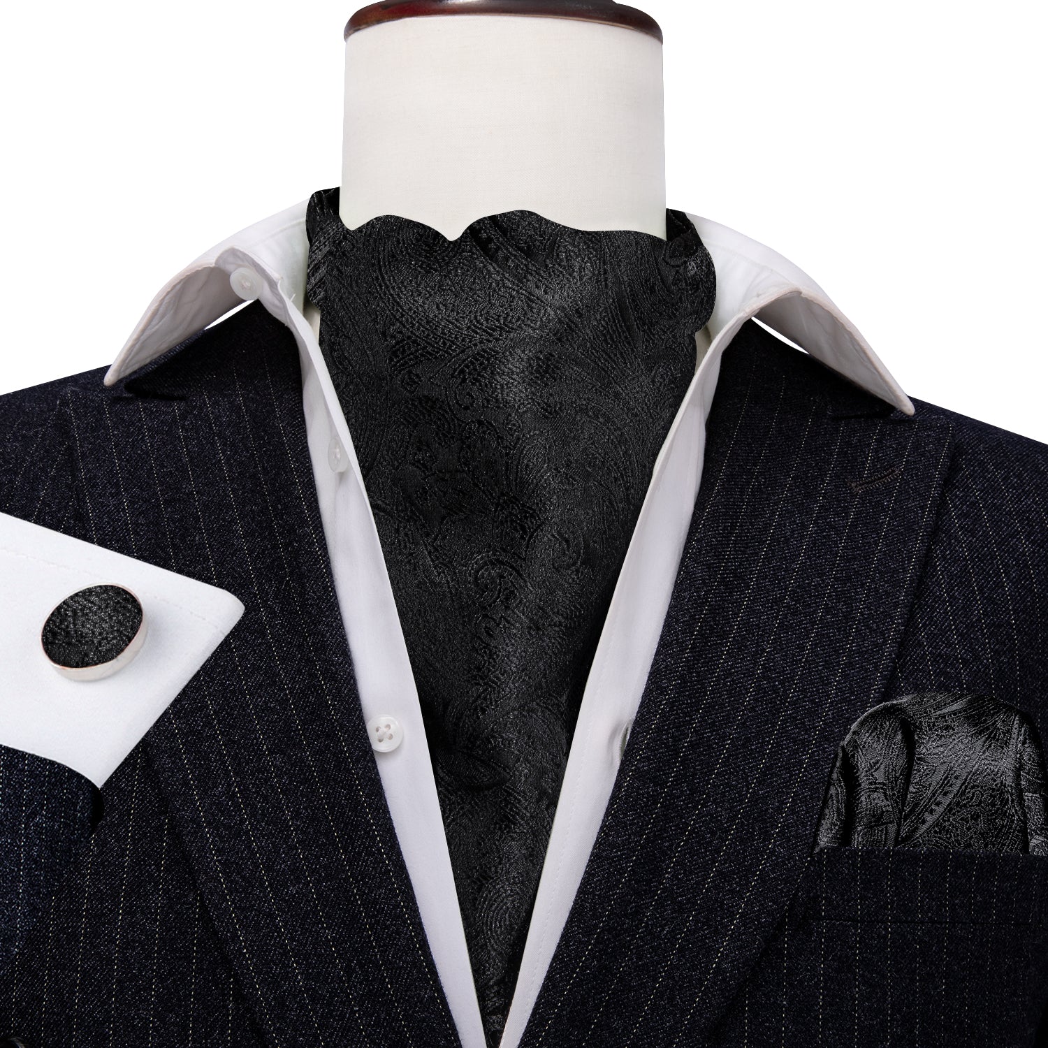 Black Paisley Silk Ascot Handkerchief Cufflinks Set