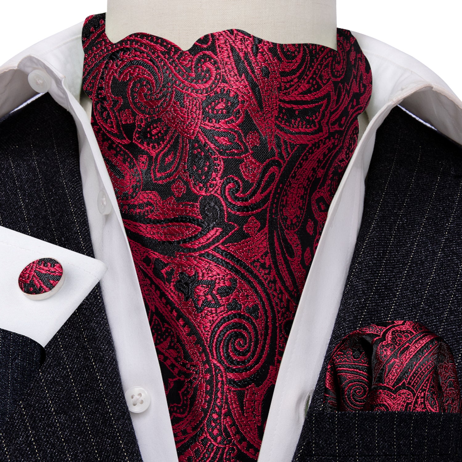 Black Red Paisley Silk Ascot Handkerchief Cufflinks Set