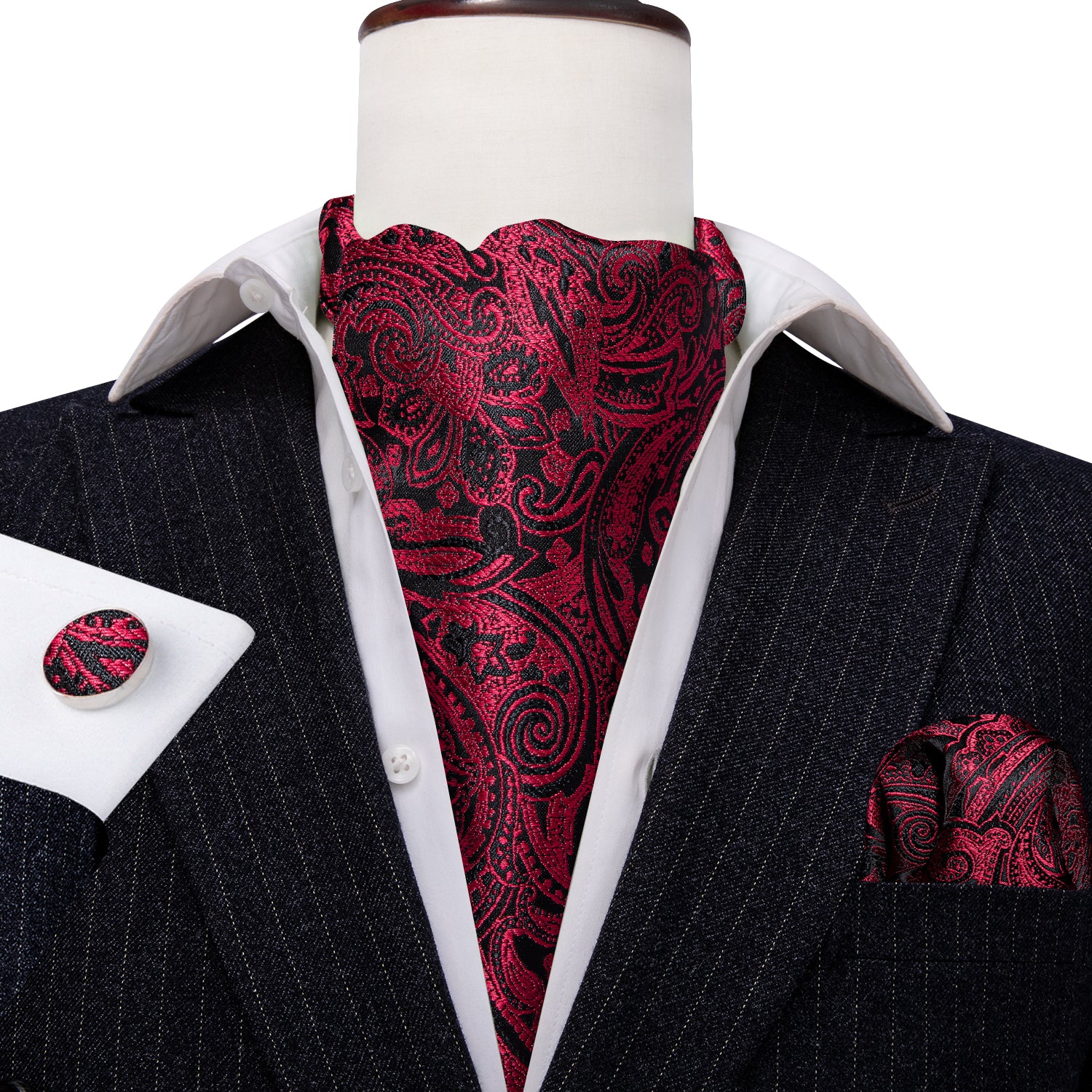 Black Red Paisley Silk Ascot Handkerchief Cufflinks Set