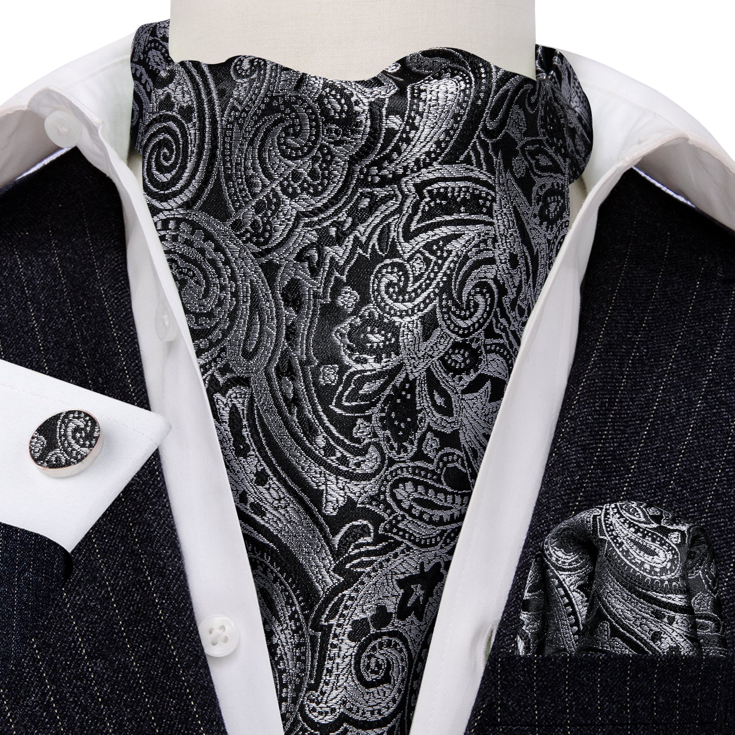 Black Grey Paisley Silk Ascot Handkerchief Cufflinks Set
