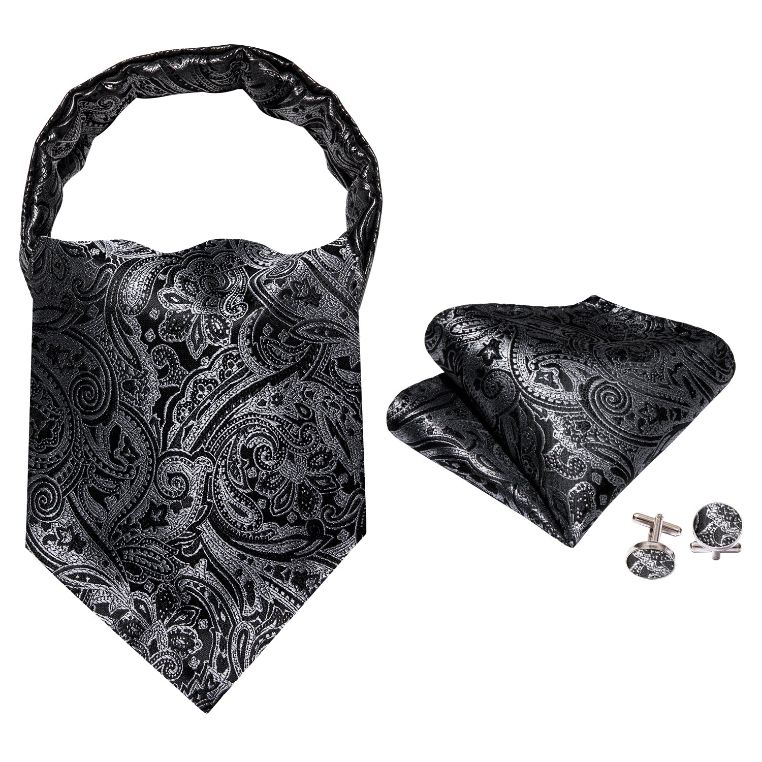 Black Grey Paisley Silk Ascot Handkerchief Cufflinks Set