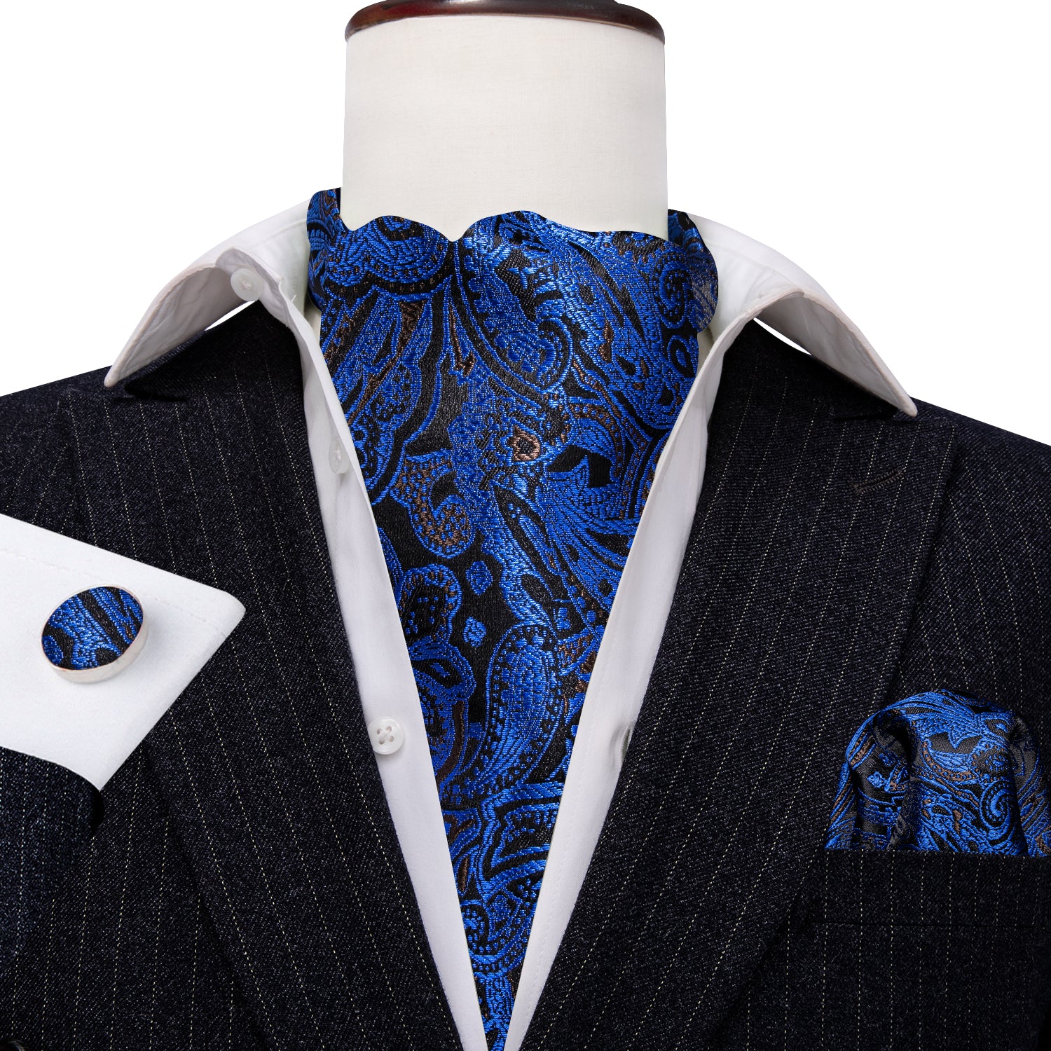 Blue Black Paisley Silk Ascot Handkerchief Cufflinks Set