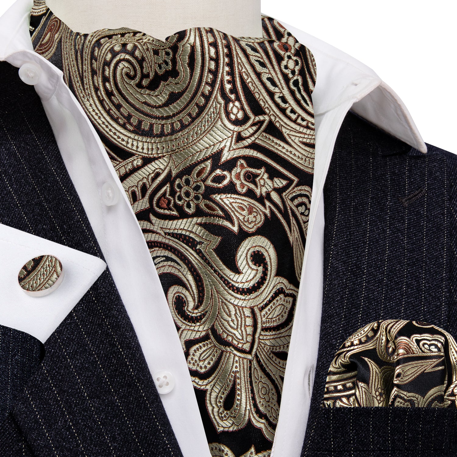 Gold Black Silk Paisley Ascot Handkerchief Cufflinks Set
