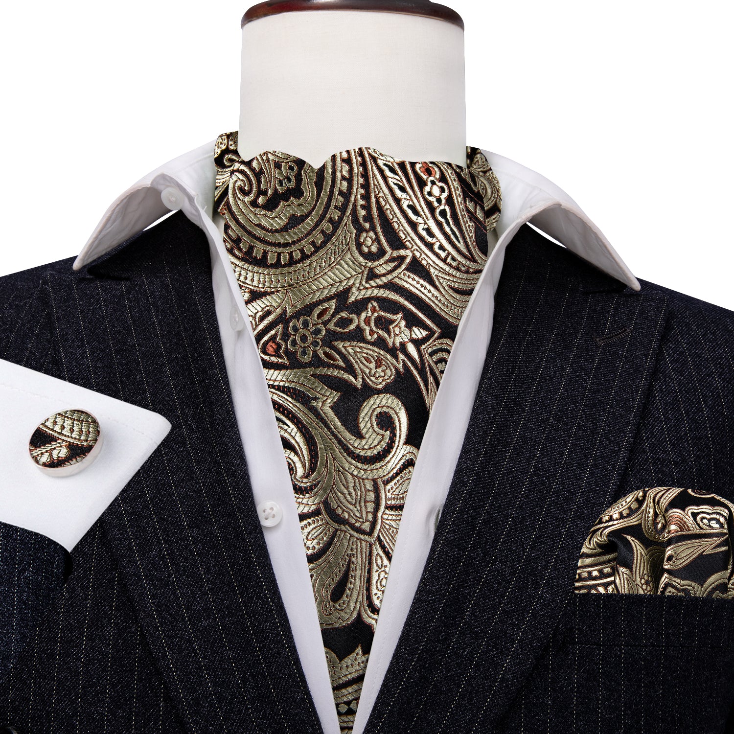 Gold Black Silk Paisley Ascot Handkerchief Cufflinks Set