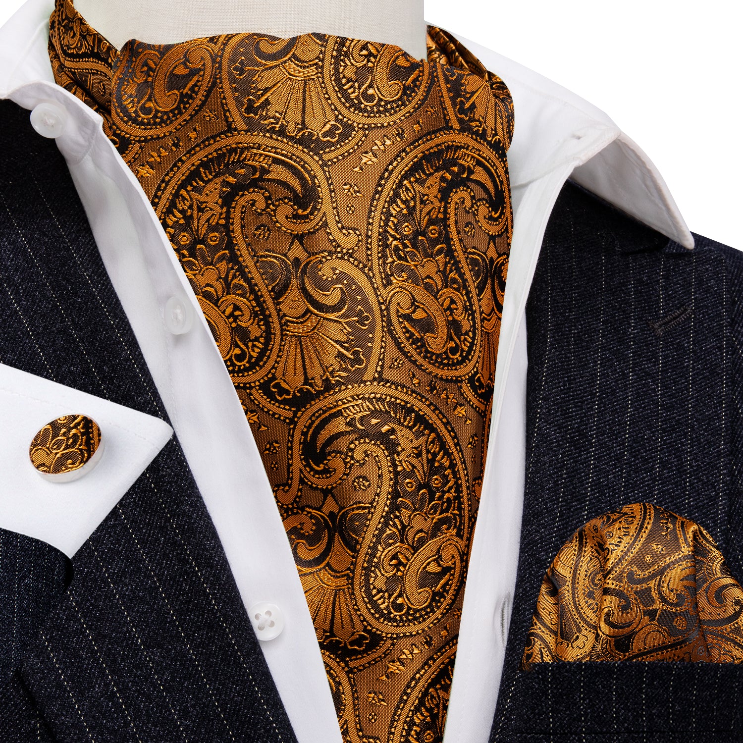 New Gold Brown Silk Paisley Ascot Handkerchief Cufflinks Set
