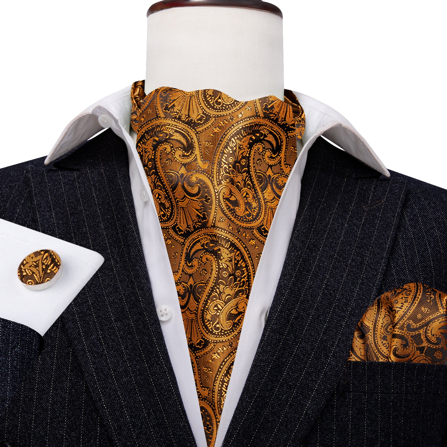 New Gold Brown Silk Paisley Ascot Handkerchief Cufflinks Set