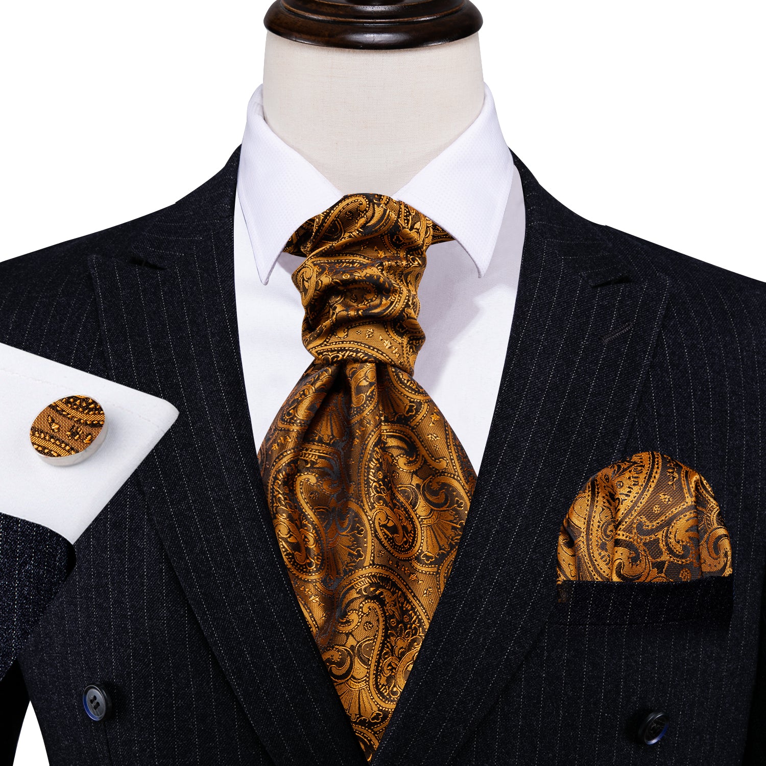 Gold Brown Silk Paisley Ascot Handkerchief Cufflinks Set