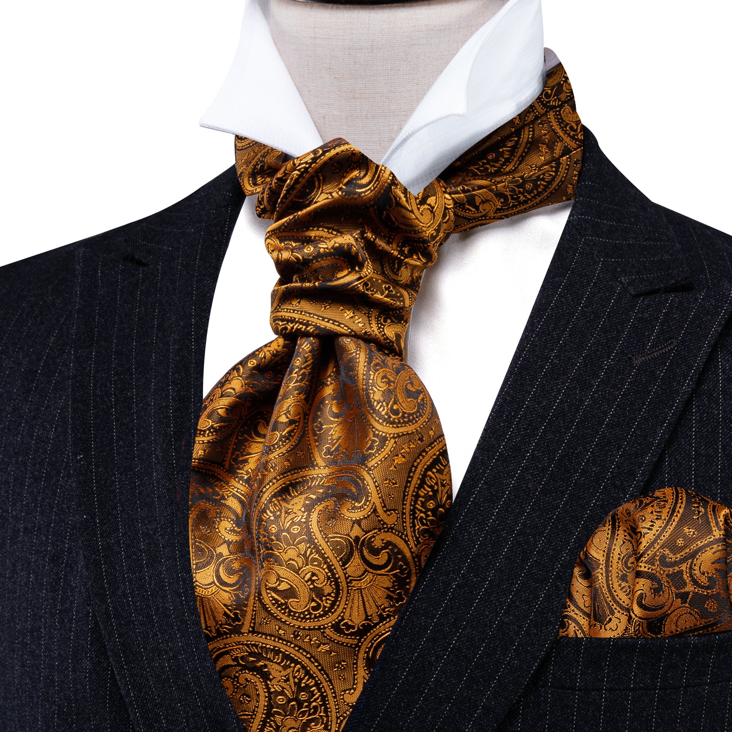 Gold Brown Silk Paisley Ascot Handkerchief Cufflinks Set