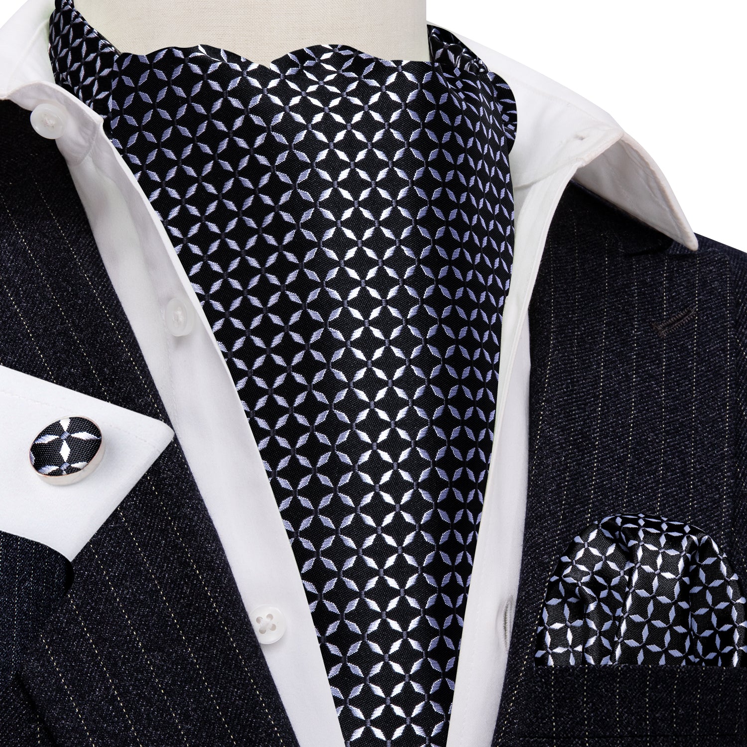 Black White Plaid Silk Paisley Ascot Handkerchief Cufflinks Set