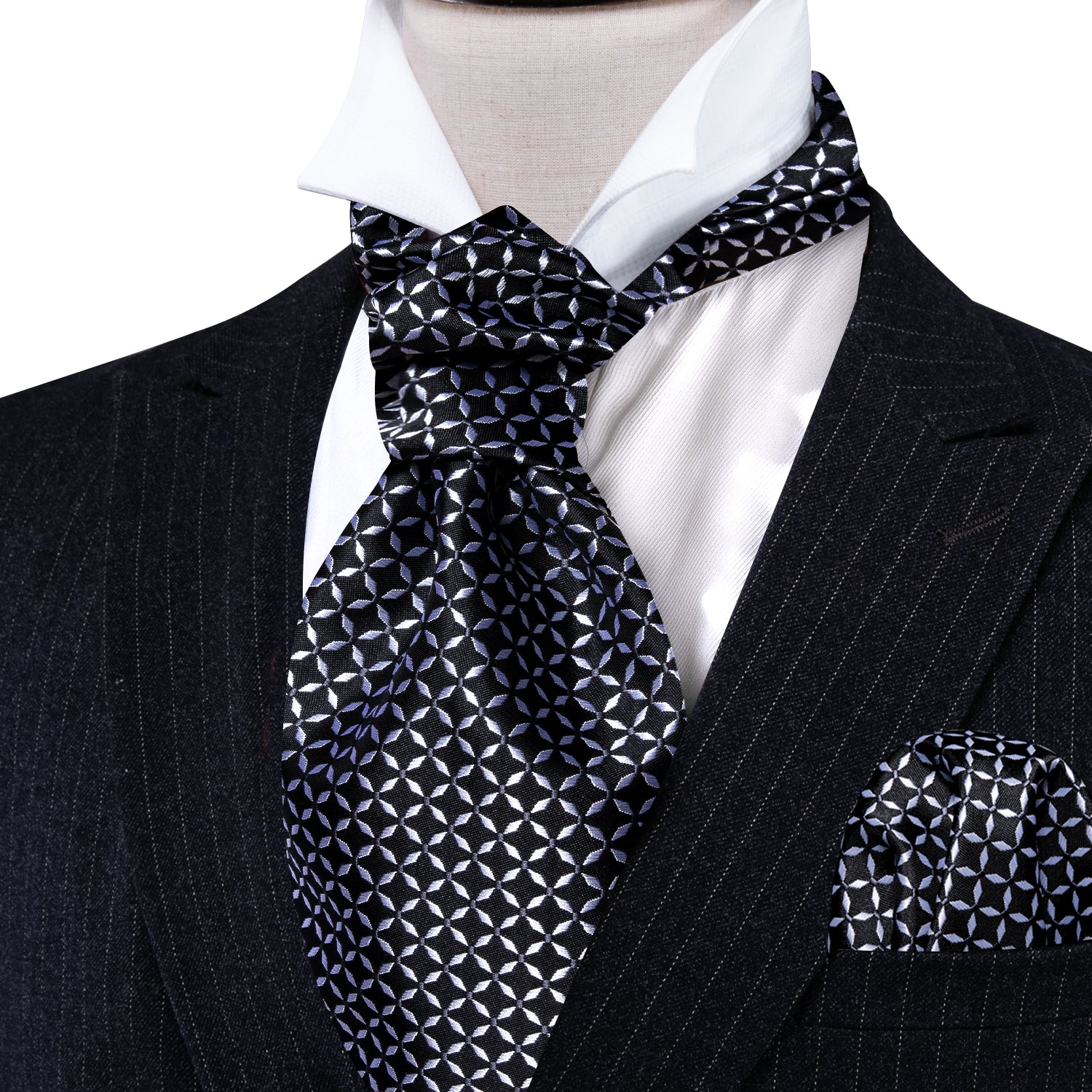 Black White Plaid Silk Paisley Ascot Handkerchief Cufflinks Set