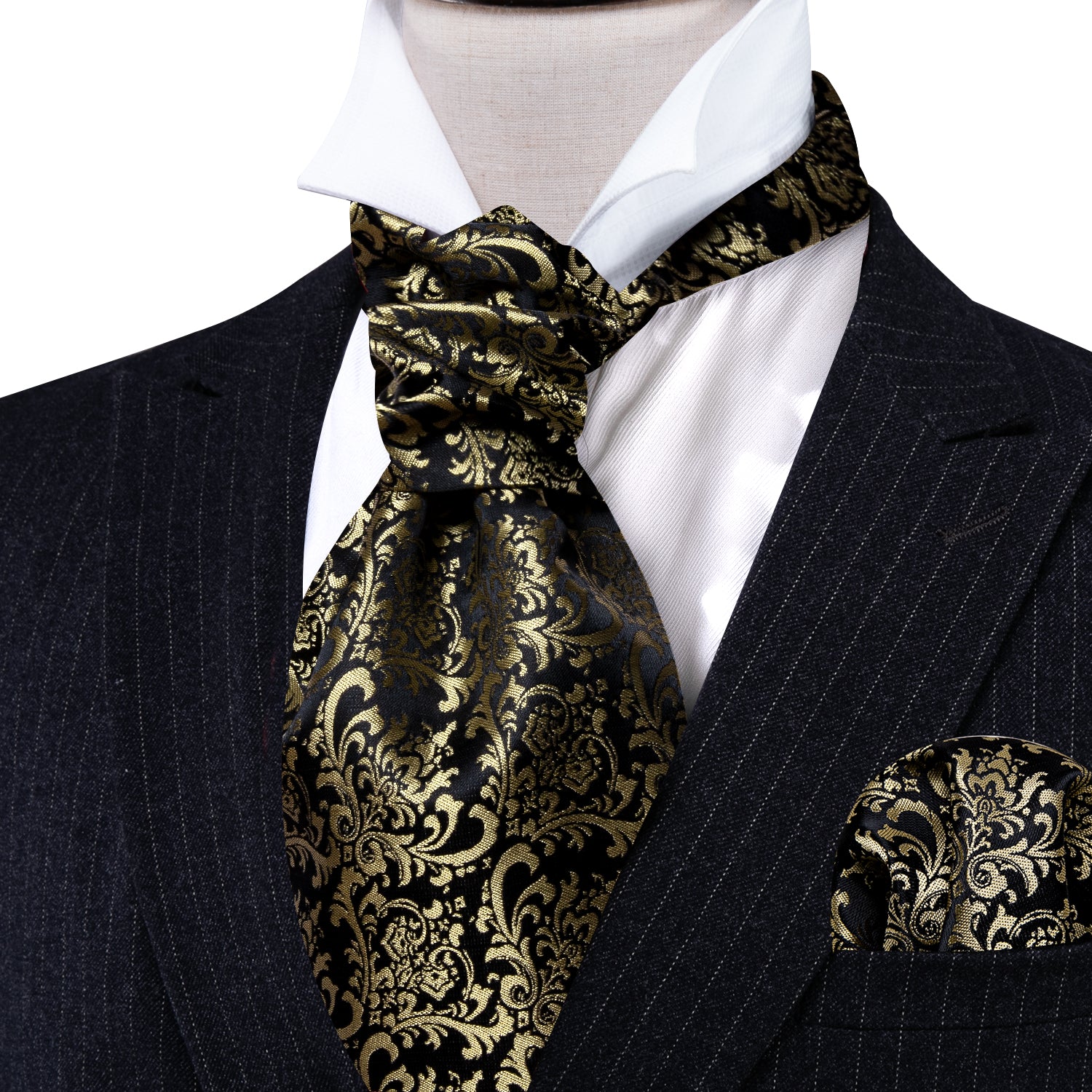 Black Gold Silk Paisley Ascot Handkerchief Cufflinks Set
