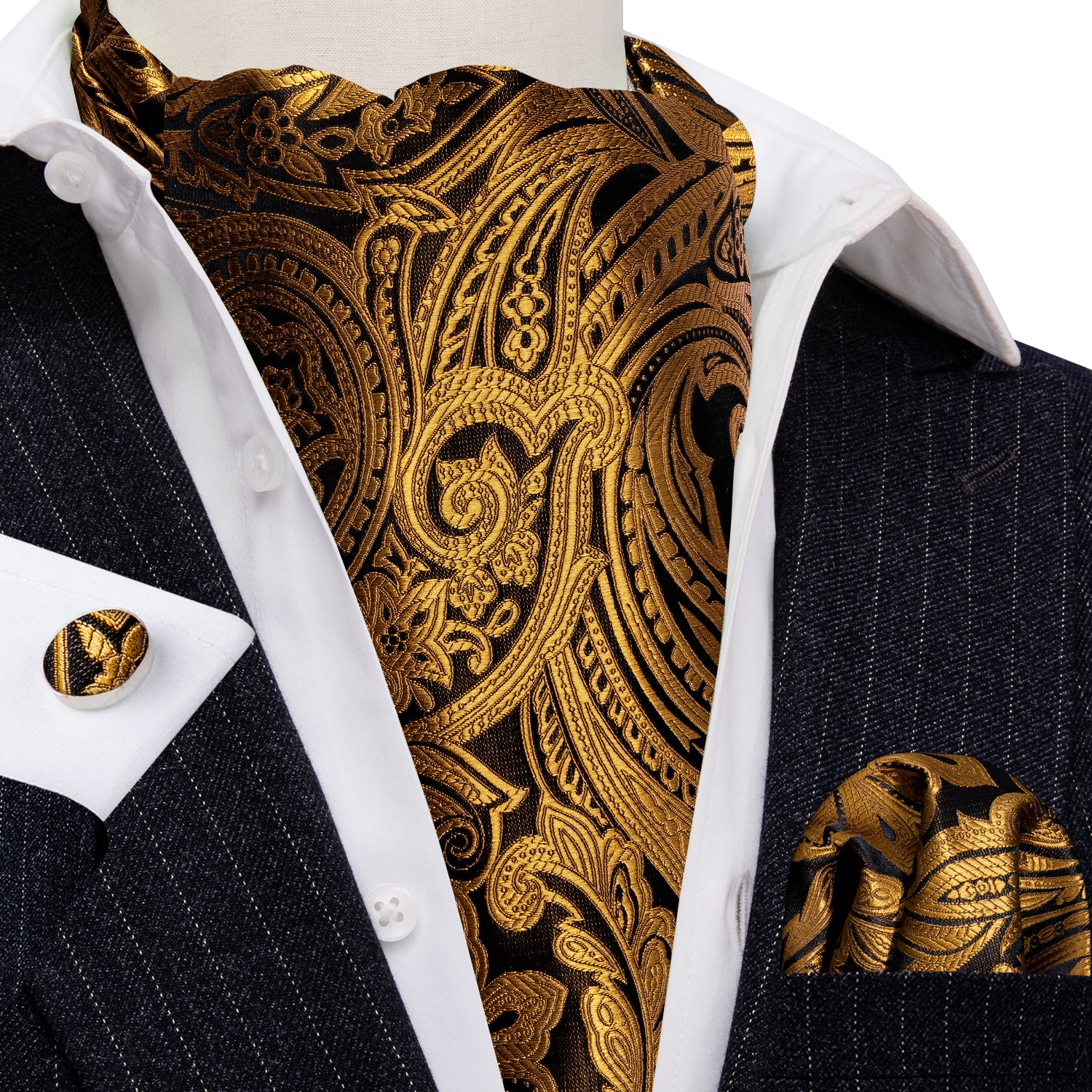 Gold Silk Paisley Ascot Handkerchief Cufflinks Set
