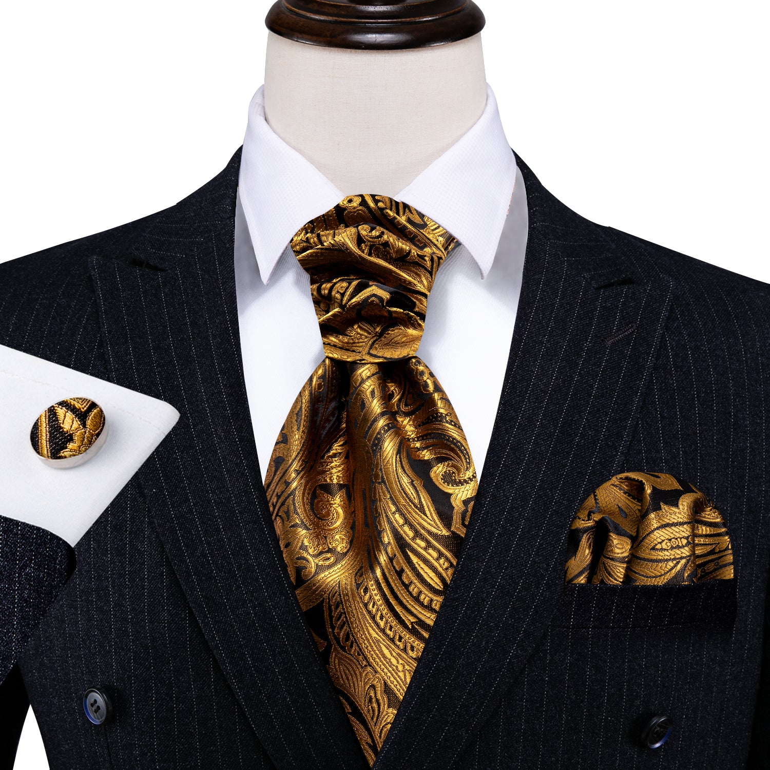 Gold Silk Paisley Ascot Handkerchief Cufflinks Set
