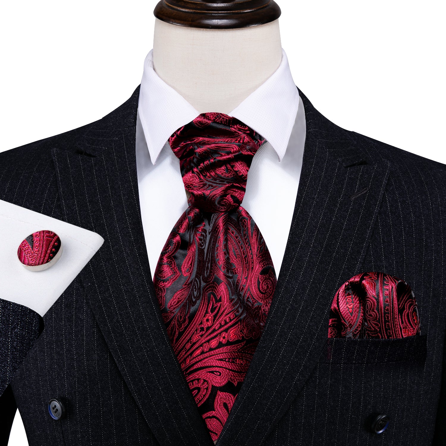 Red Black Silk Paisley Ascot Handkerchief Cufflinks Set