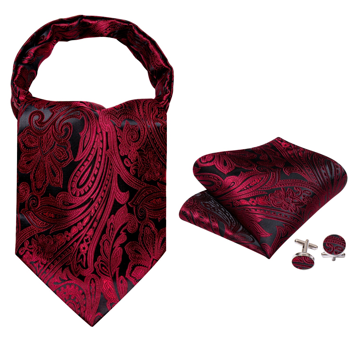 Red Black Silk Paisley Ascot Handkerchief Cufflinks Set