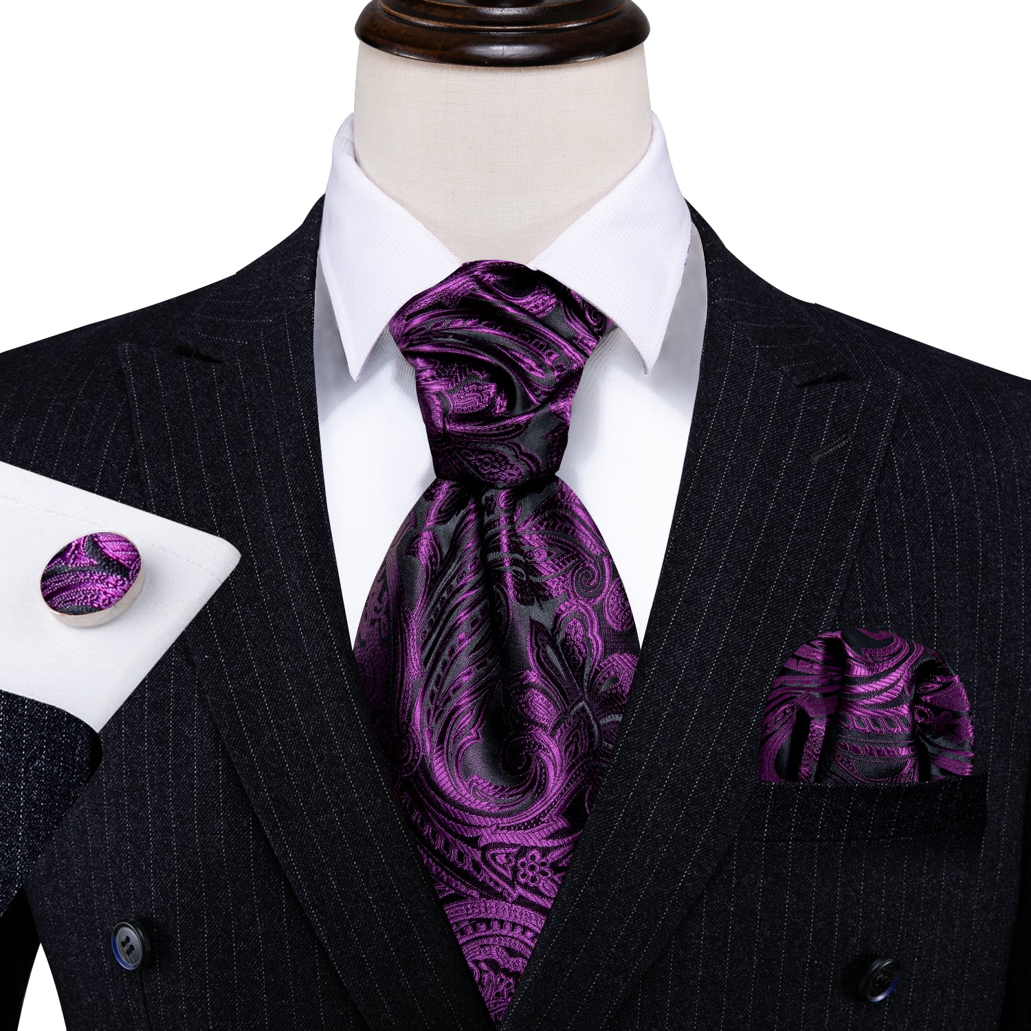 Purple Black Silk Paisley Ascot Handkerchief Cufflinks Set