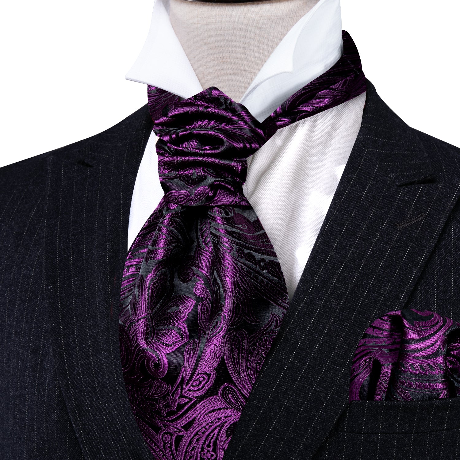 Purple Black Silk Paisley Ascot Handkerchief Cufflinks Set