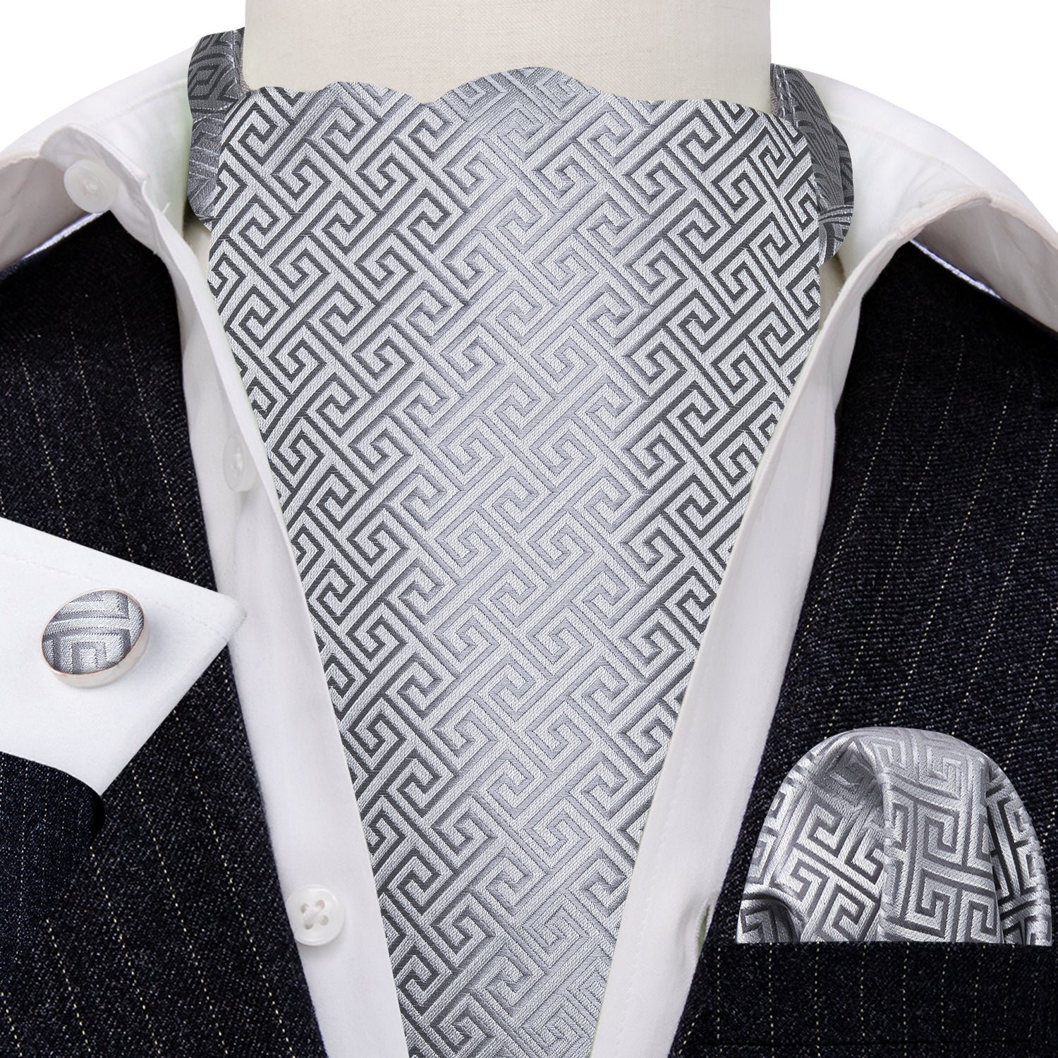 Grey Novelty Silk Paisley Ascot Handkerchief Cufflinks Set